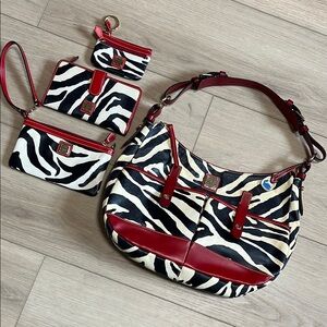 Dooney & Bourke Zebra Print Shoulder Bag Purse Set Red Trim 3 Wallet Coin Pouch